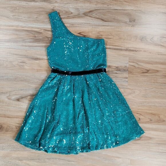 🔺️Lily Rose Teal Sequined One Shoulder Belted Sash Dress Small - Picture 2 of 12